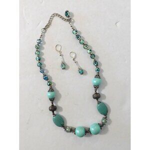 Vintage Style Turquoise Silver Beaded Jewelry Necklace 22 Inch Pierced Earrings
